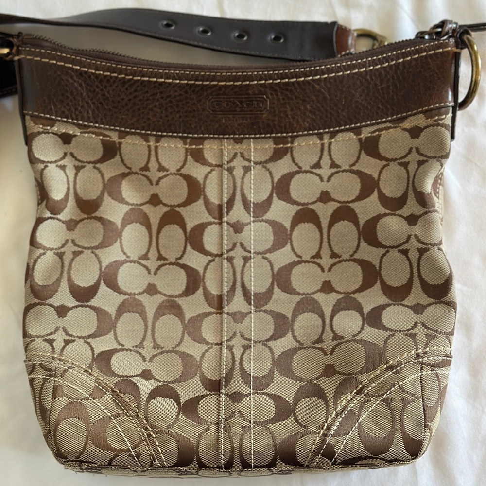 Coach Brown and Tan Signature Shoulder Bag